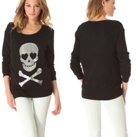 Wildfox Black & Silver Sequin Love Skull Halloween Relaxed Knit Sweater - Picture 4 of 10